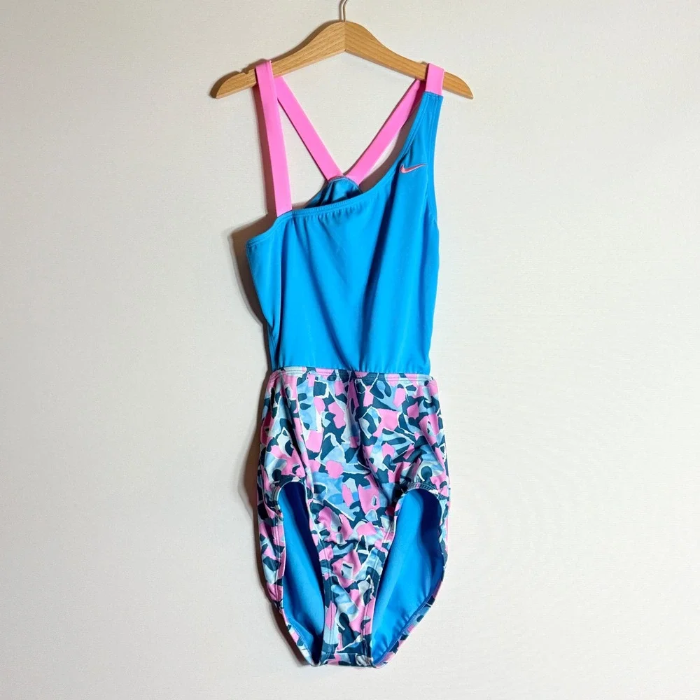 NEW Nike‎ Girls Large Swimsuit Blue Pink Strappy Open Back Athletic Sporty